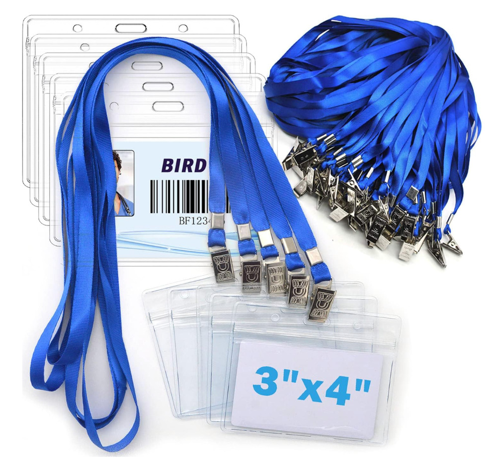 4x3 Name Tags Badge Holder with Lanyard Waterproof Horizontal ID - 100 Pack